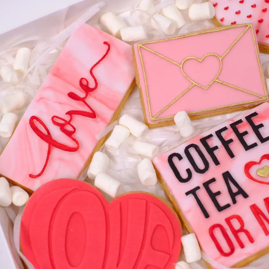 Vier rosane und rote Kekse mit Motiven zum Valentinstag in einer weißen Box mit Marshmallows.